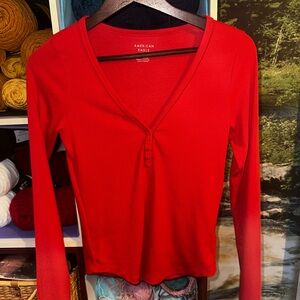 American Eagle Outfitters Red V-Neck Henley Women's Top